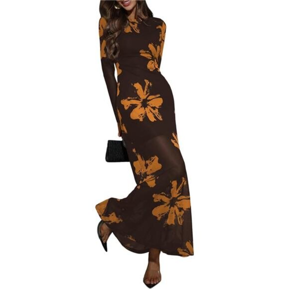 Women's Mesh Sleeve Maxi Dress Elegant Coffee - Picture 1 of 6